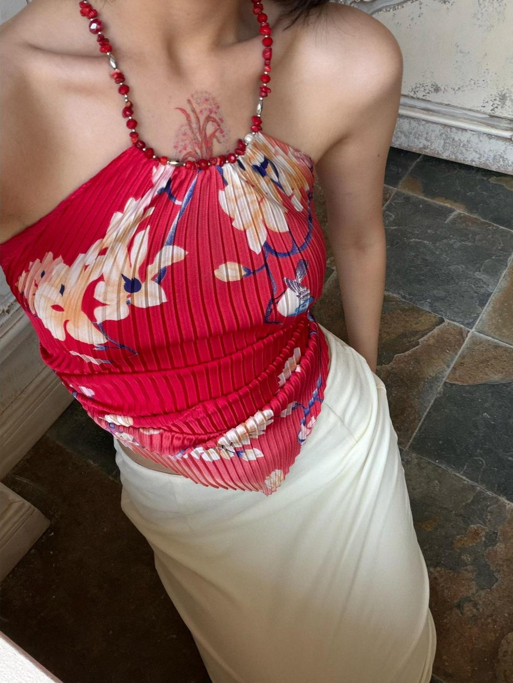 ANTIMOON Red Quail Print Artistic Pleated Polka Dot Women's Polyester Halter Tops