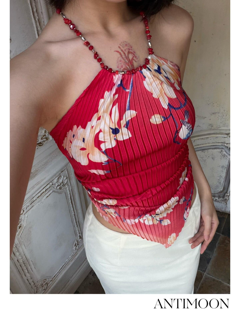 ANTIMOON Red Quail Print Artistic Pleated Polka Dot Women's Polyester Halter Tops