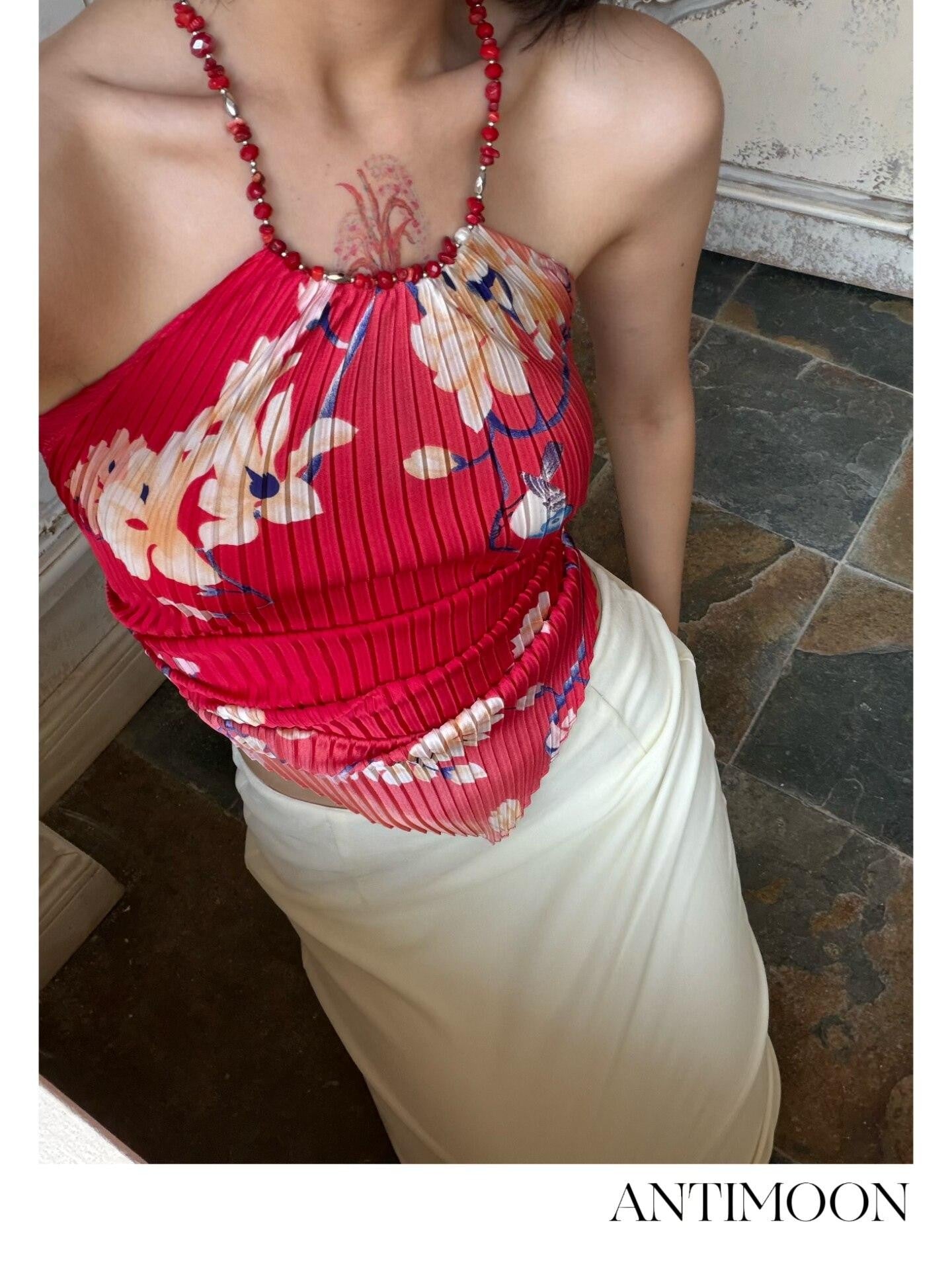 ANTIMOON Red Quail Print Artistic Pleated Polka Dot Women's Polyester Halter Tops