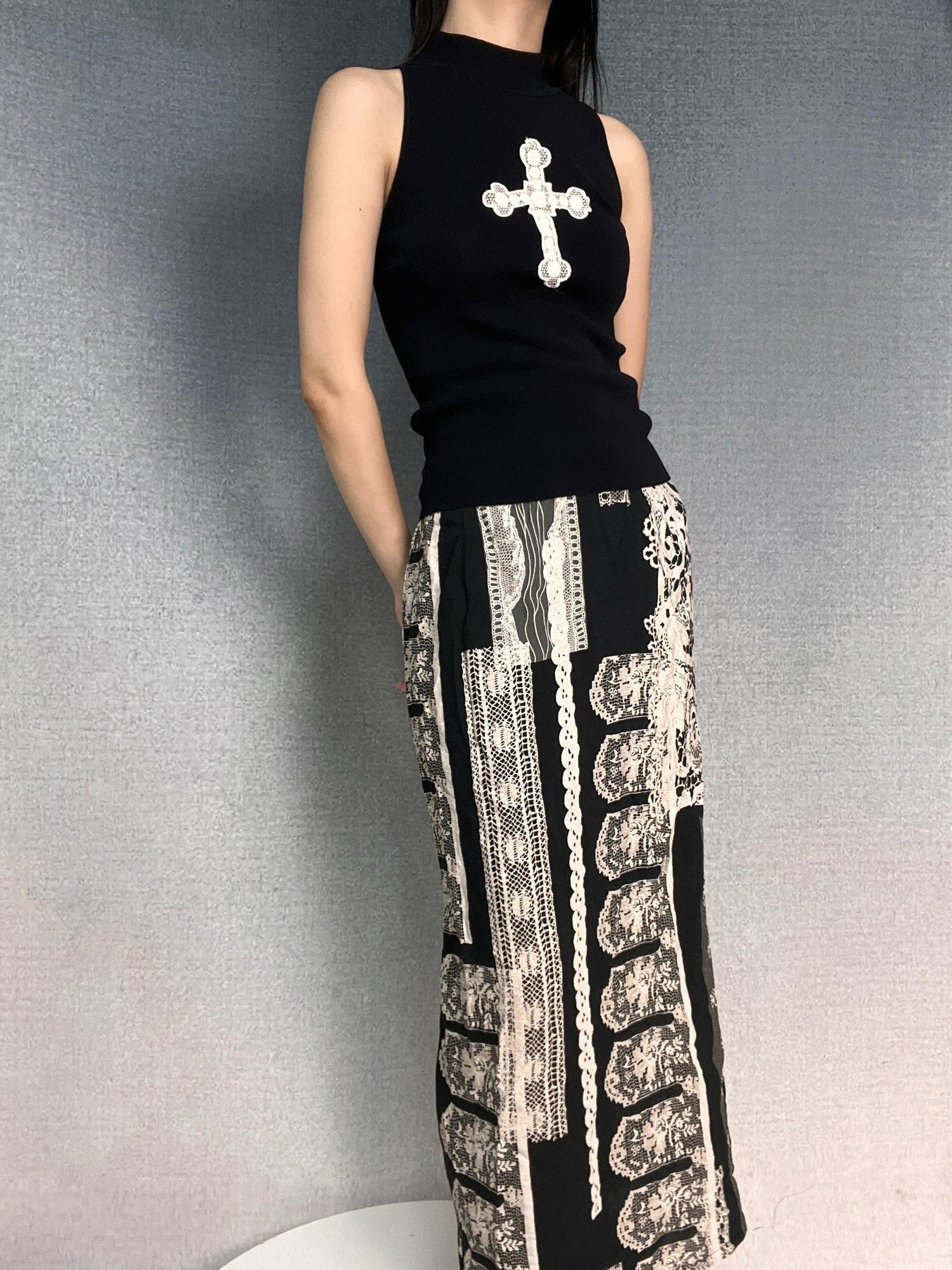 ANTIMOON Retro Baroque Lace Black White Print High Waist Women's Cotton Midi Skirts