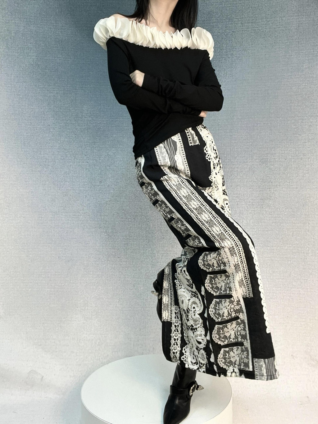 ANTIMOON Retro Baroque Lace Black White Print High Waist Women's Cotton Midi Skirts
