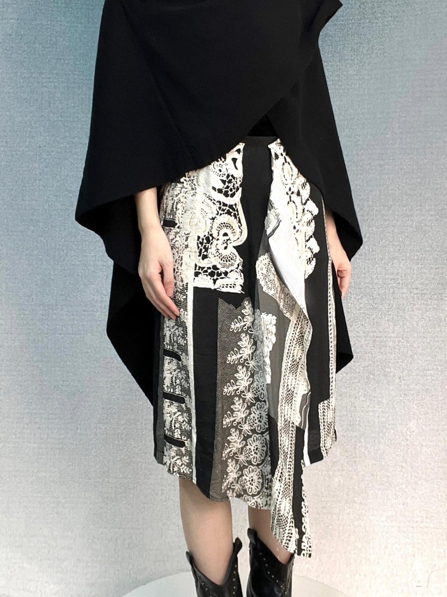 ANTIMOON Retro Baroque Lace Black White Print High Waist Women's Cotton Midi Skirts