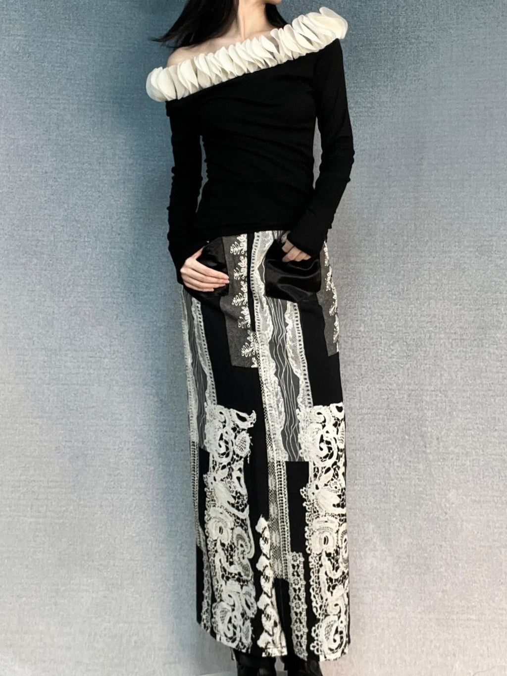 ANTIMOON Retro Baroque Lace Black White Print High Waist Women's Cotton Midi Skirts