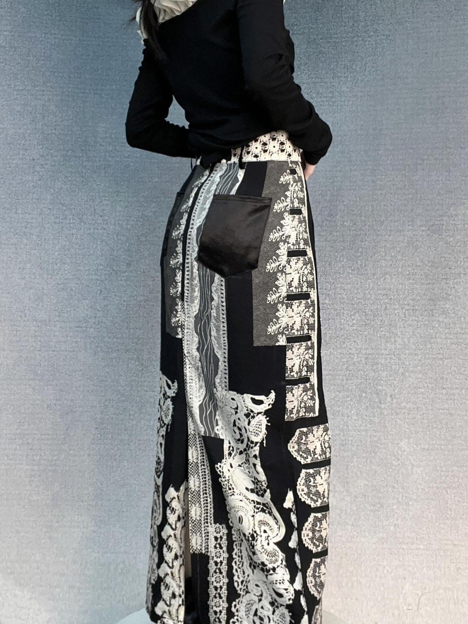 ANTIMOON Retro Baroque Lace Black White Print High Waist Women's Cotton Midi Skirts
