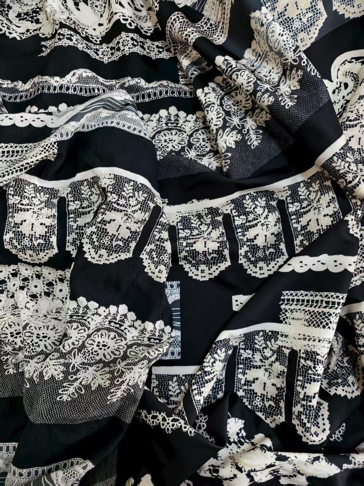 ANTIMOON Retro Baroque Lace Black White Print High Waist Women's Cotton Midi Skirts