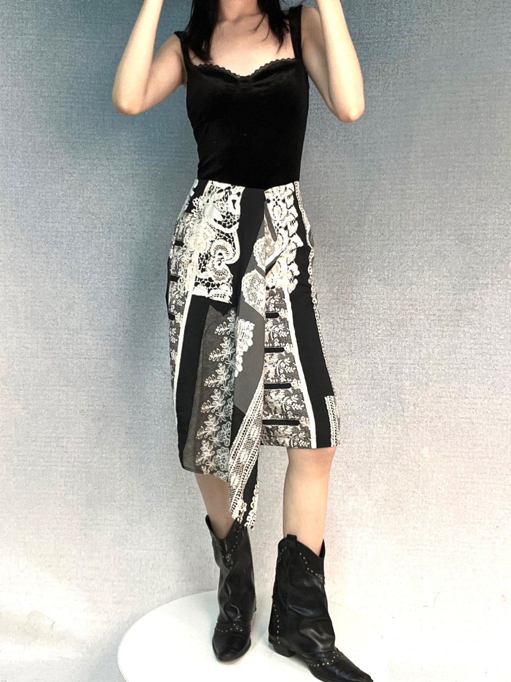 ANTIMOON Retro Baroque Lace Black White Print High Waist Women's Cotton Midi Skirts