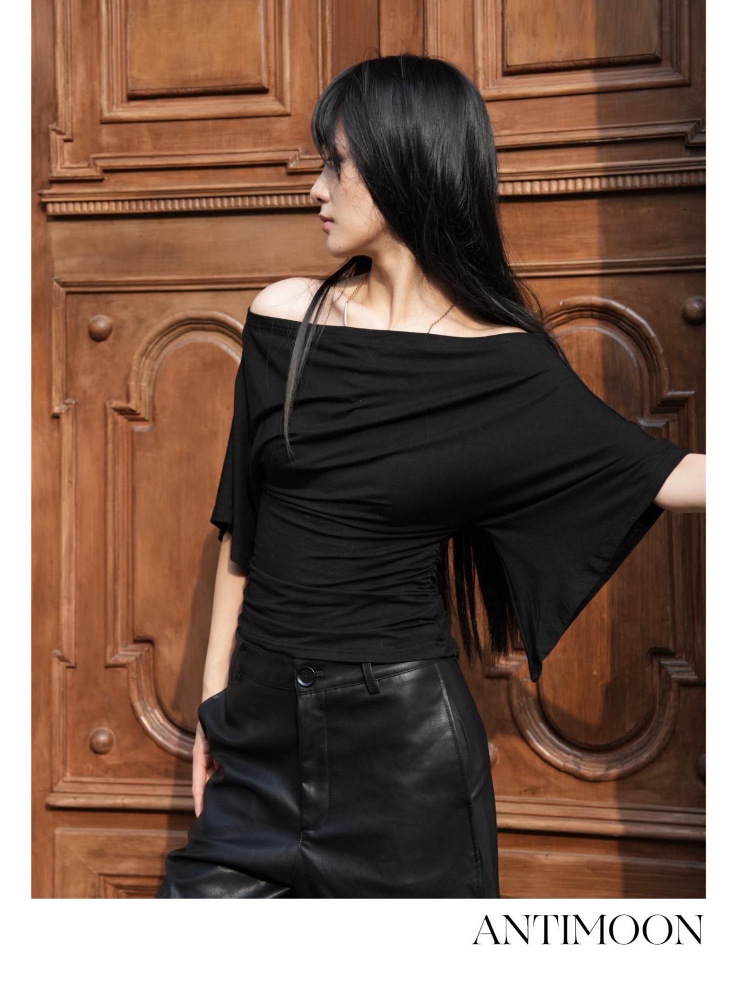 ANTIMOON Ruched Bell Sleeve Off Shoulder Women's Viscose Short Sleeve T-shirts