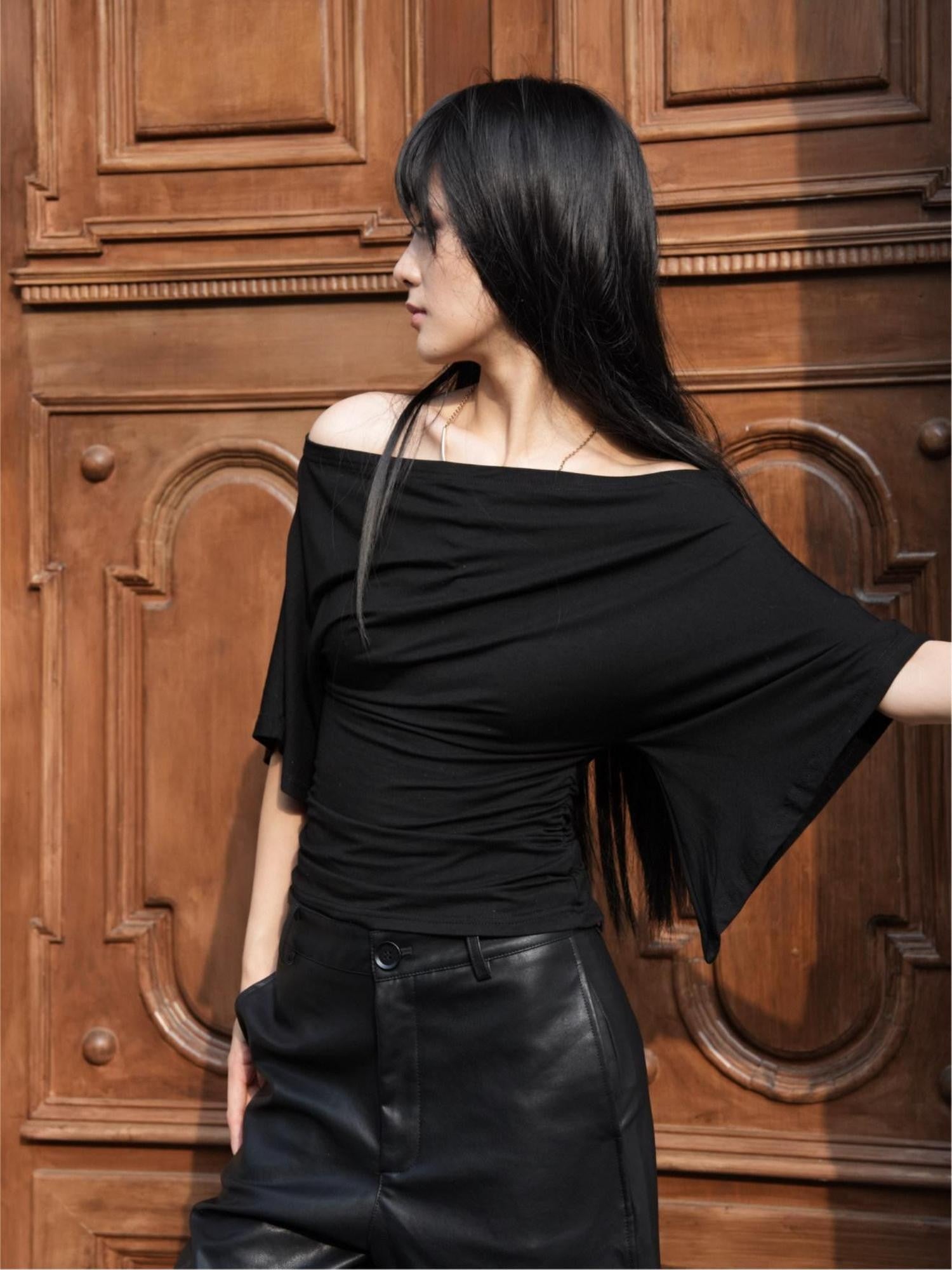 ANTIMOON Ruched Bell Sleeve Off Shoulder Women's Viscose Short Sleeve T-shirts
