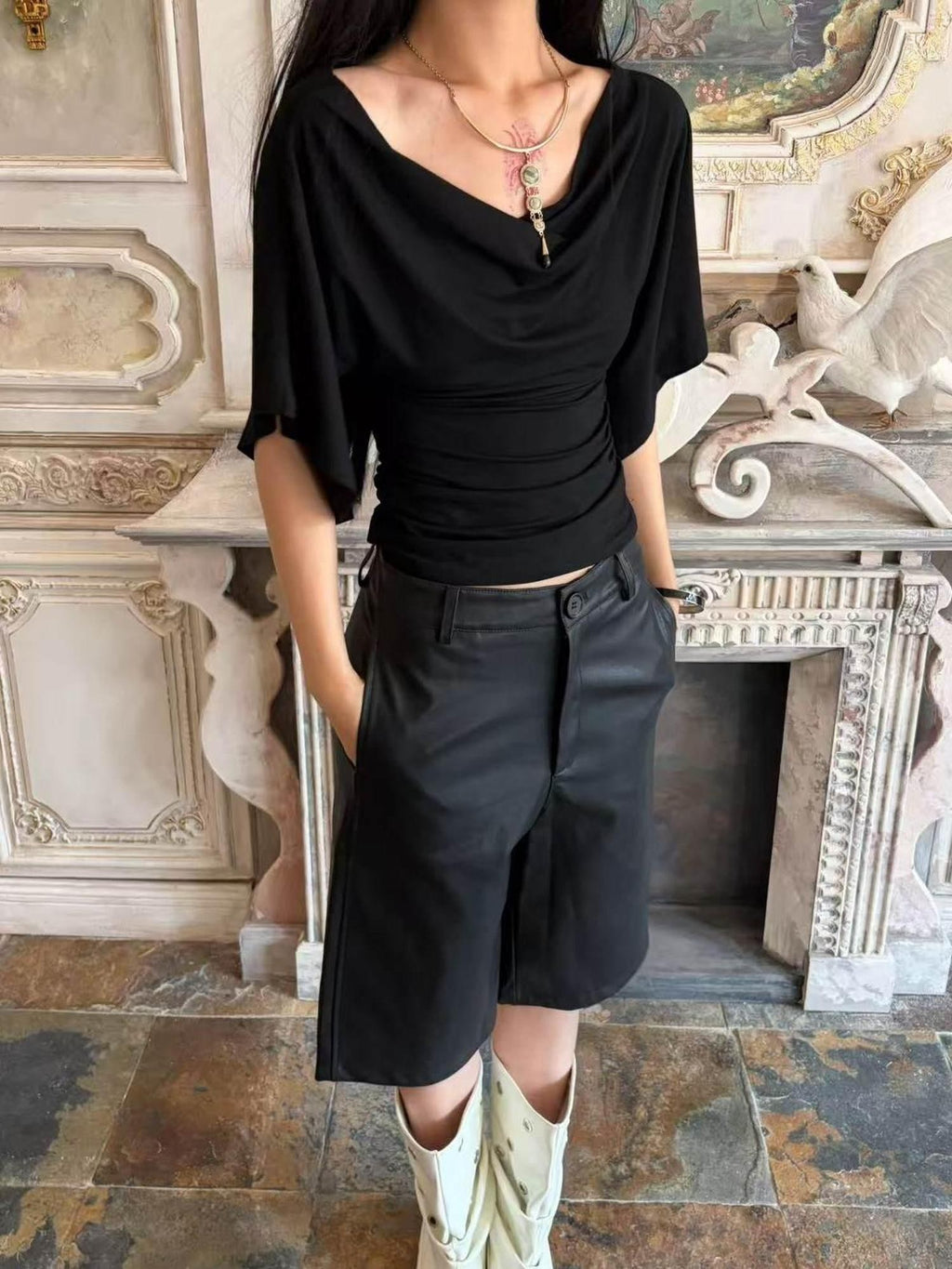 ANTIMOON Ruched Bell Sleeve Off Shoulder Women's Viscose Short Sleeve T-shirts