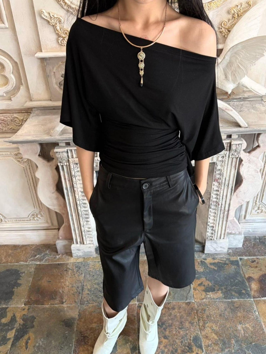 ANTIMOON Ruched Bell Sleeve Off Shoulder Women's Viscose Short Sleeve T-shirts