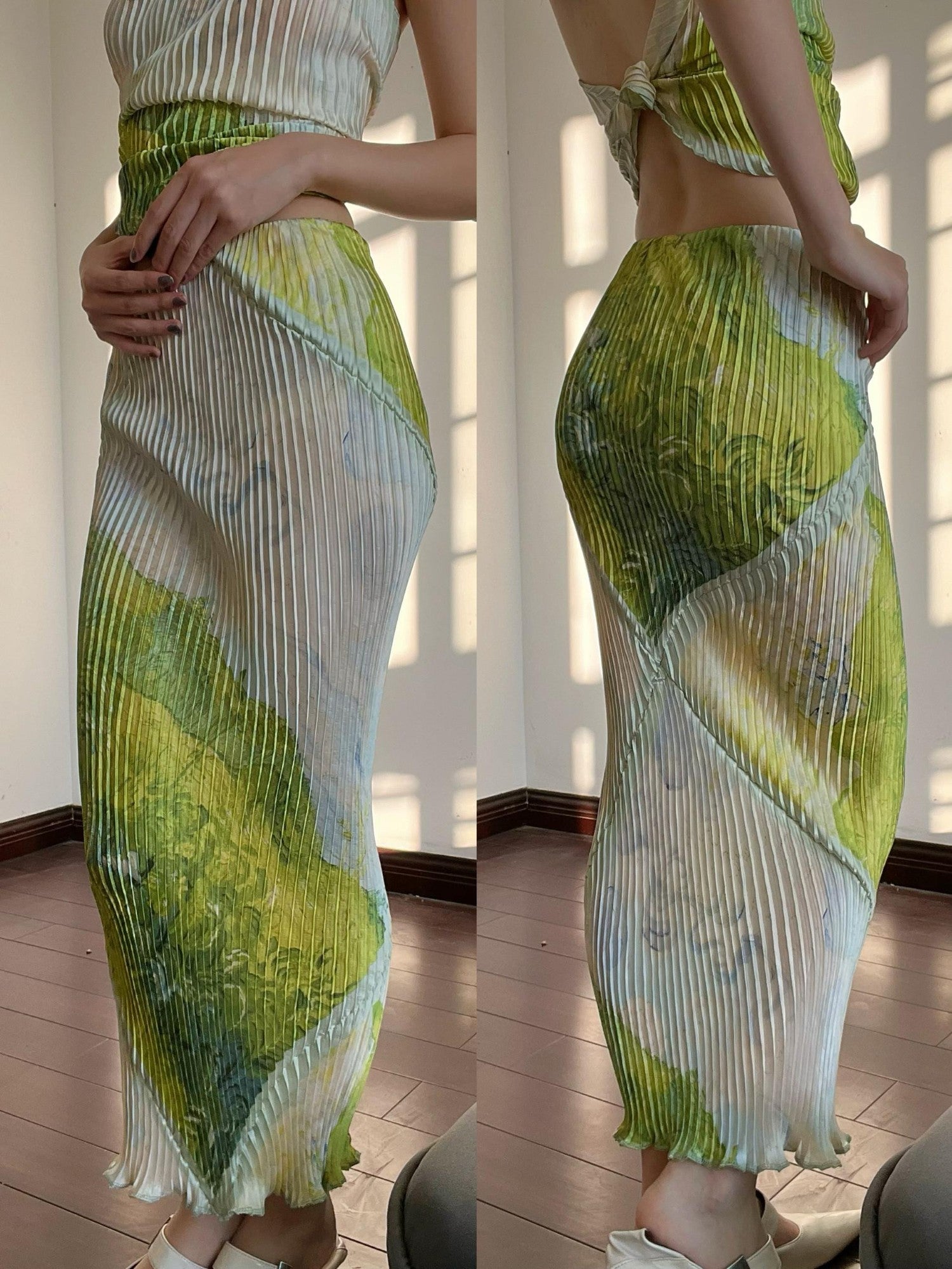 ANTIMOON Ruched Printed Halter High Waist Pencil Women's Polyester Matching Skirt Sets