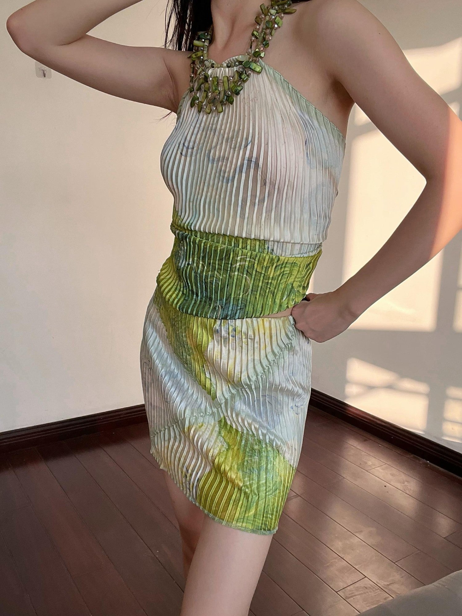 ANTIMOON Ruched Printed Halter High Waist Pencil Women's Polyester Matching Skirt Sets