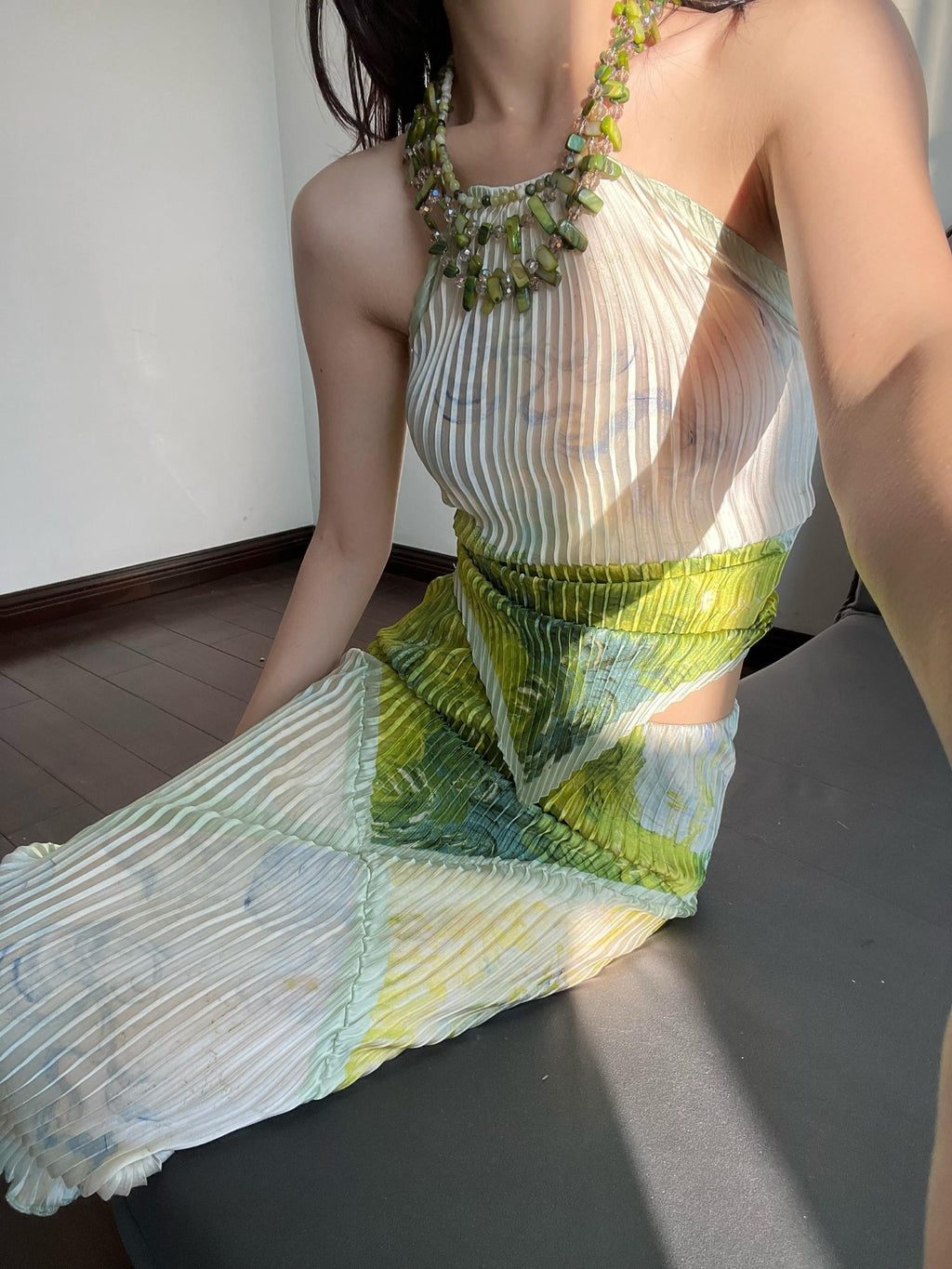 ANTIMOON Ruched Printed Halter High Waist Pencil Women's Polyester Matching Skirt Sets