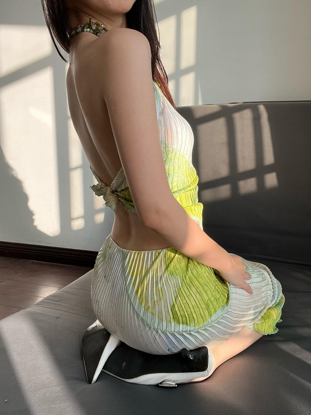ANTIMOON Ruched Printed Halter High Waist Pencil Women's Polyester Matching Skirt Sets