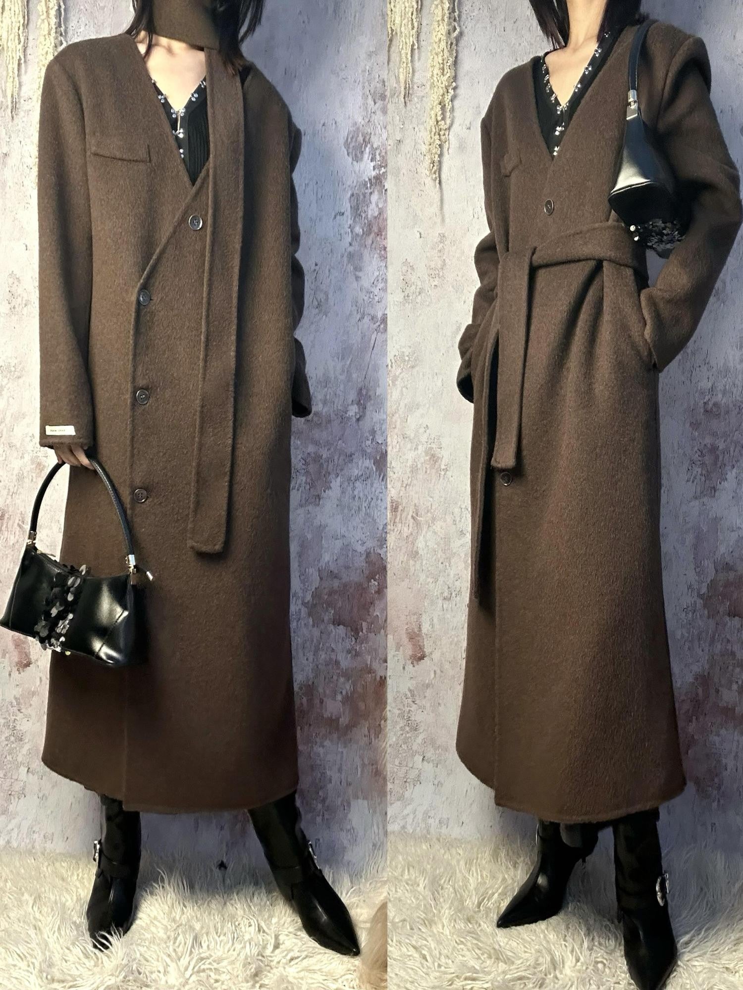 ANTIMOON Runway Double Faced Collarless Padded Shoulder Women's Australian Wool Long Coats