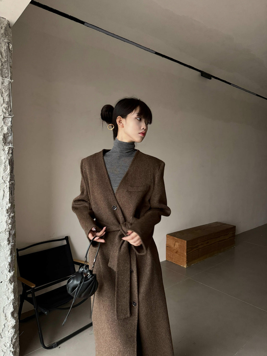 ANTIMOON Runway Double Faced Collarless Padded Shoulder Women's Australian Wool Long Coats