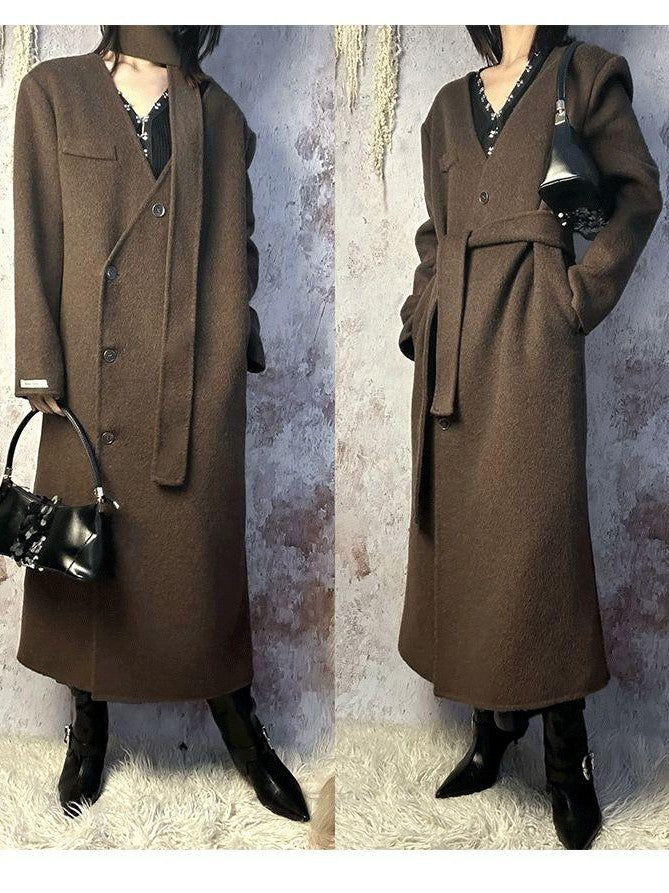 ANTIMOON Runway Double Faced Collarless Padded Shoulder Women's Australian Wool Long Coats
