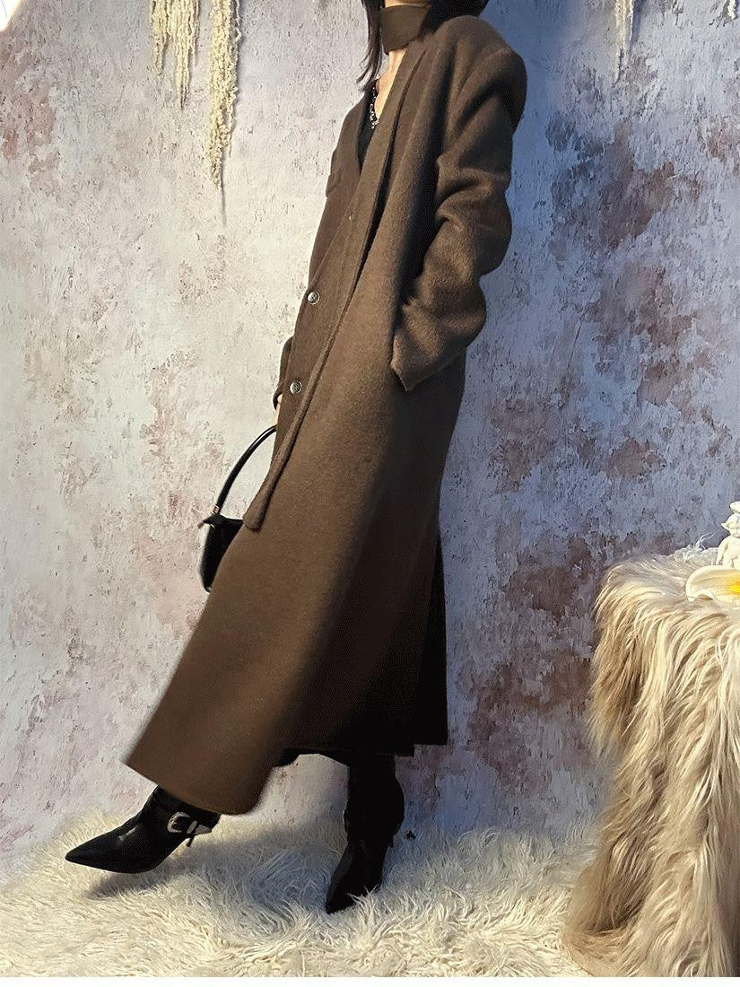 ANTIMOON Runway Double Faced Collarless Padded Shoulder Women's Australian Wool Long Coats