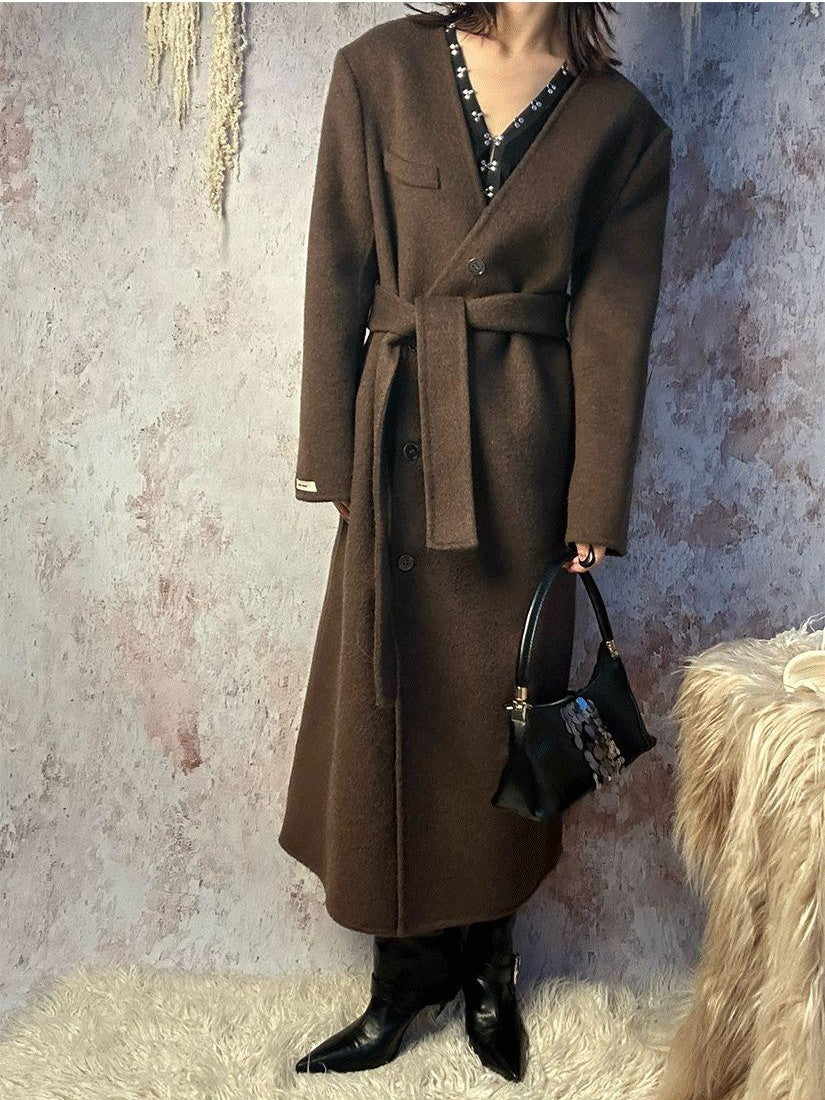 ANTIMOON Runway Double Faced Collarless Padded Shoulder Women's Australian Wool Long Coats