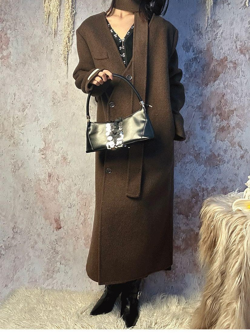 ANTIMOON Runway Double Faced Collarless Padded Shoulder Women's Australian Wool Long Coats