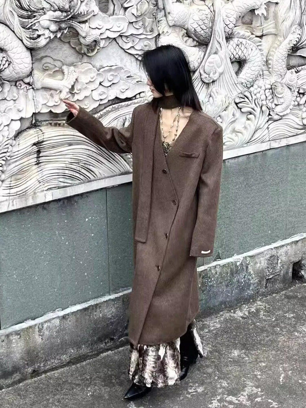 ANTIMOON Runway Double Faced Collarless Padded Shoulder Women's Australian Wool Long Coats