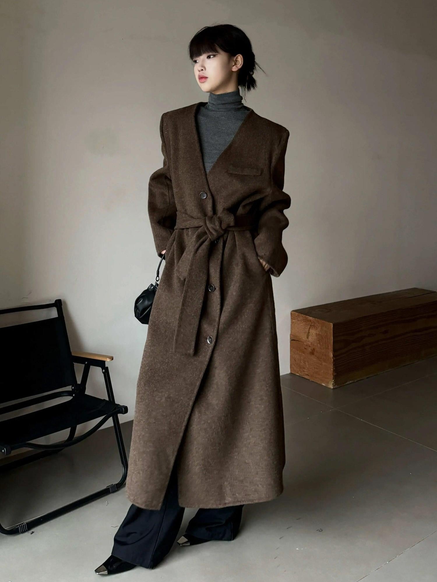 ANTIMOON Runway Double Faced Collarless Padded Shoulder Women's Australian Wool Long Coats