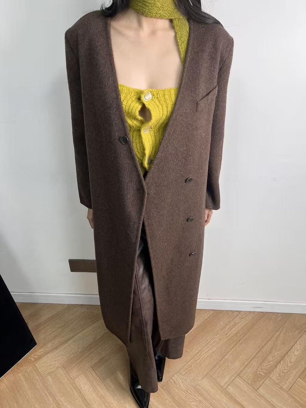 ANTIMOON Runway Double Faced Collarless Padded Shoulder Women's Australian Wool Long Coats