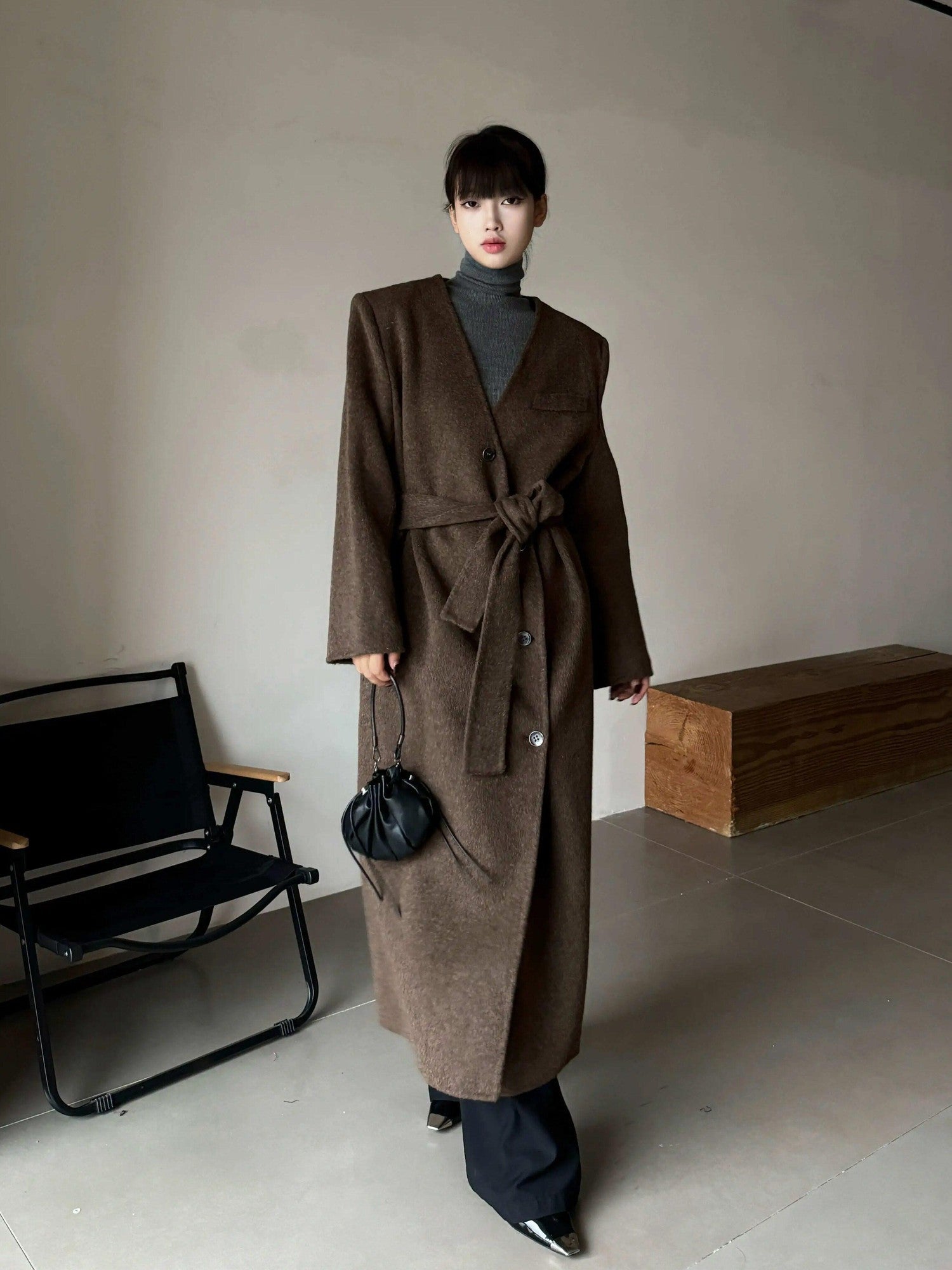 ANTIMOON Runway Double Faced Collarless Padded Shoulder Women's Australian Wool Long Coats