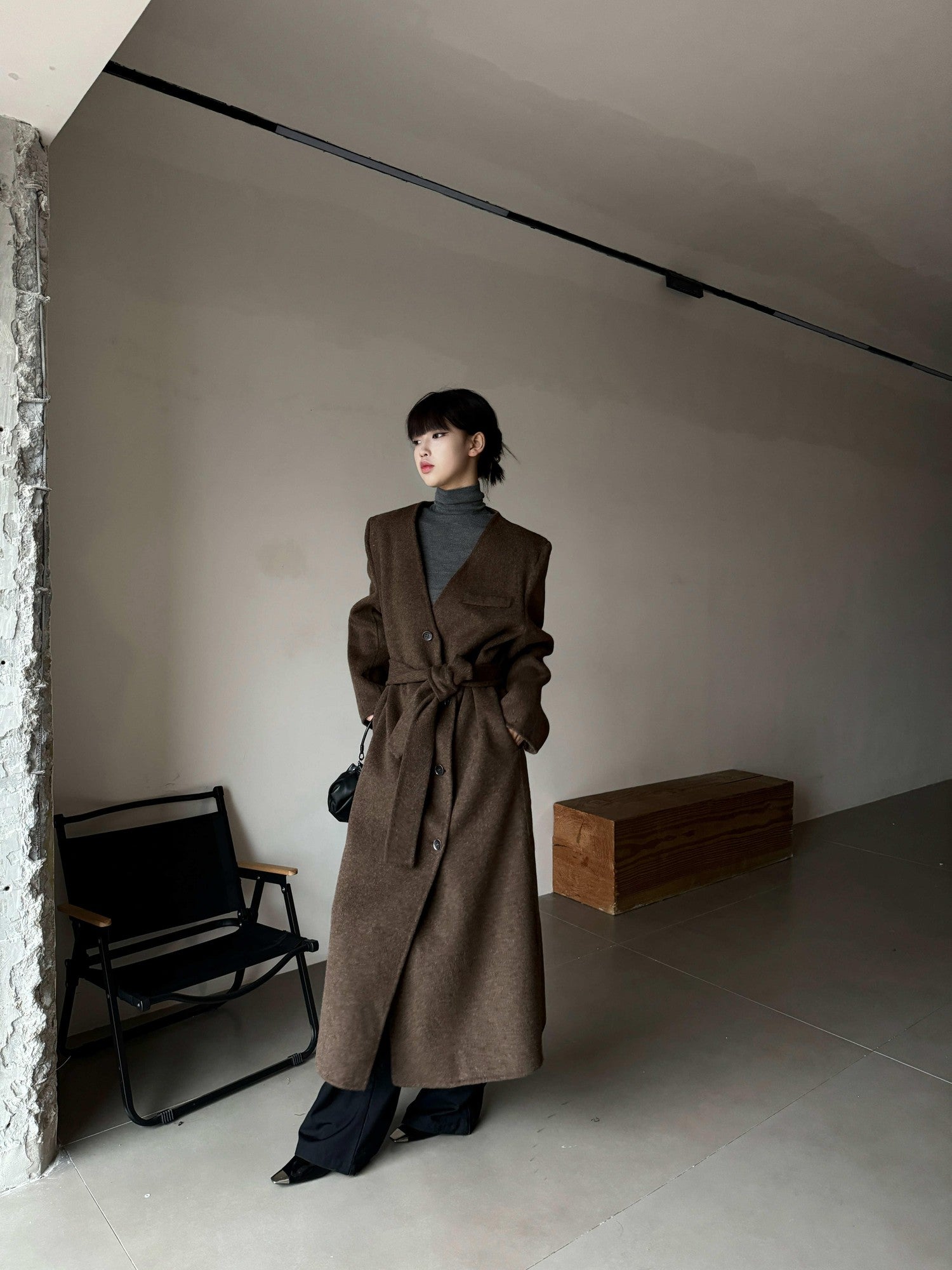 ANTIMOON Runway Double Faced Collarless Padded Shoulder Women's Australian Wool Long Coats