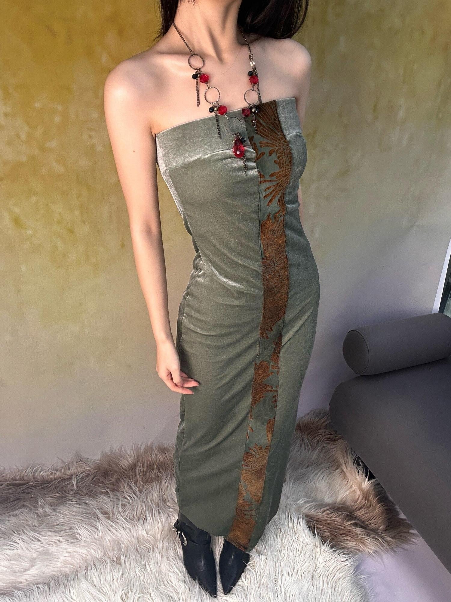 ANTIMOON Rust Green Chrysanthemum Print Bodycon Women's Velvet Strapless Maxi Dresses