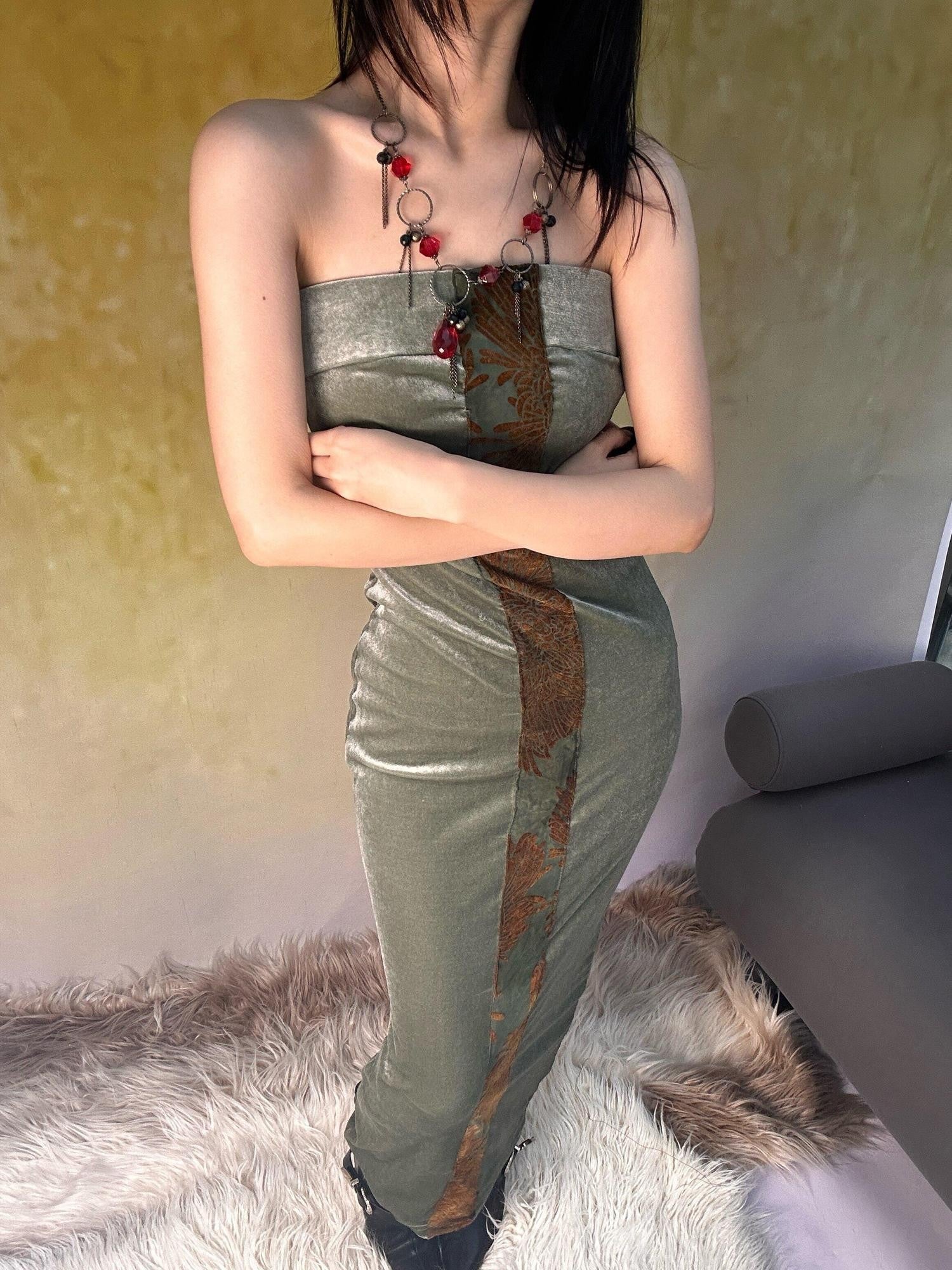 ANTIMOON Rust Green Chrysanthemum Print Bodycon Women's Velvet Strapless Maxi Dresses