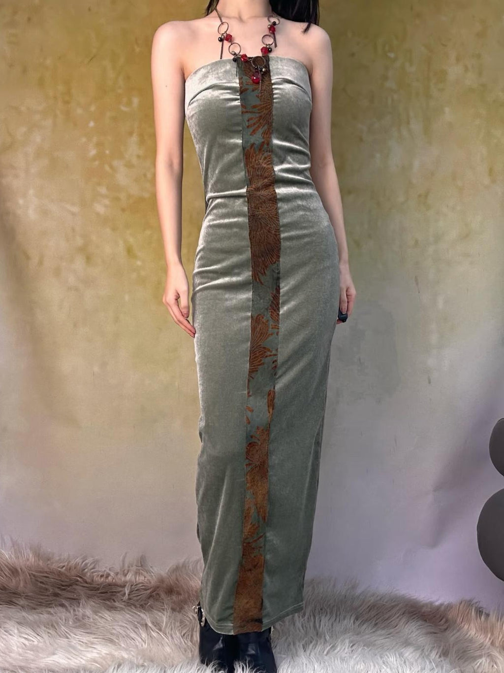 ANTIMOON Rust Green Chrysanthemum Print Bodycon Women's Velvet Strapless Maxi Dresses