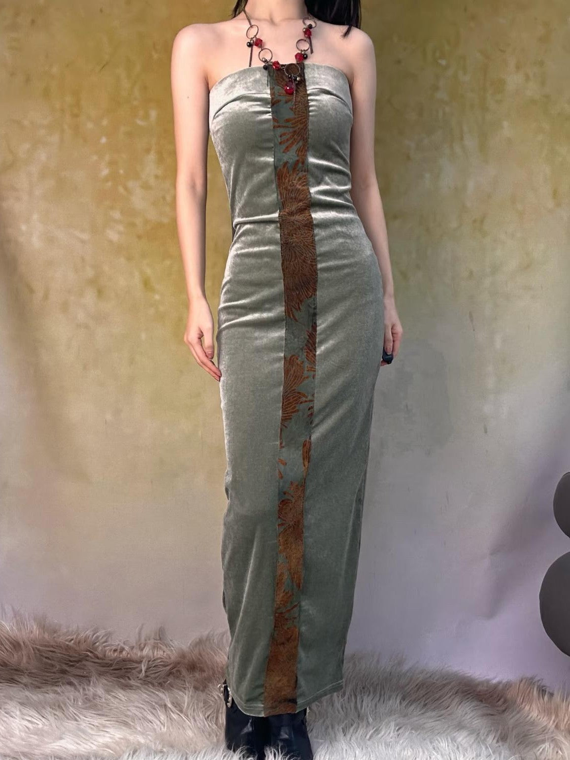 ANTIMOON Rust Green Chrysanthemum Print Bodycon Women's Velvet Strapless Maxi Dresses