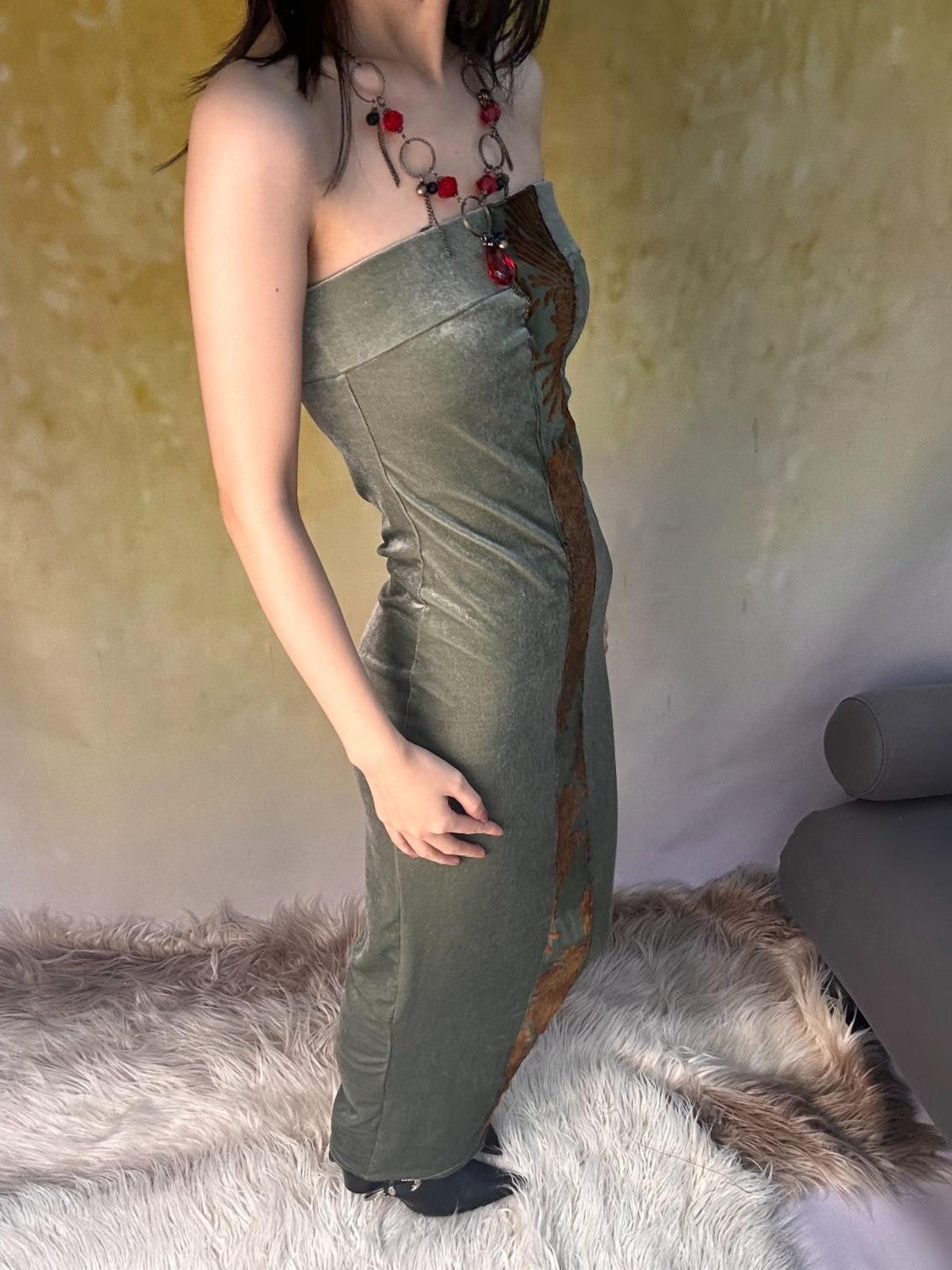 ANTIMOON Rust Green Chrysanthemum Print Bodycon Women's Velvet Strapless Maxi Dresses