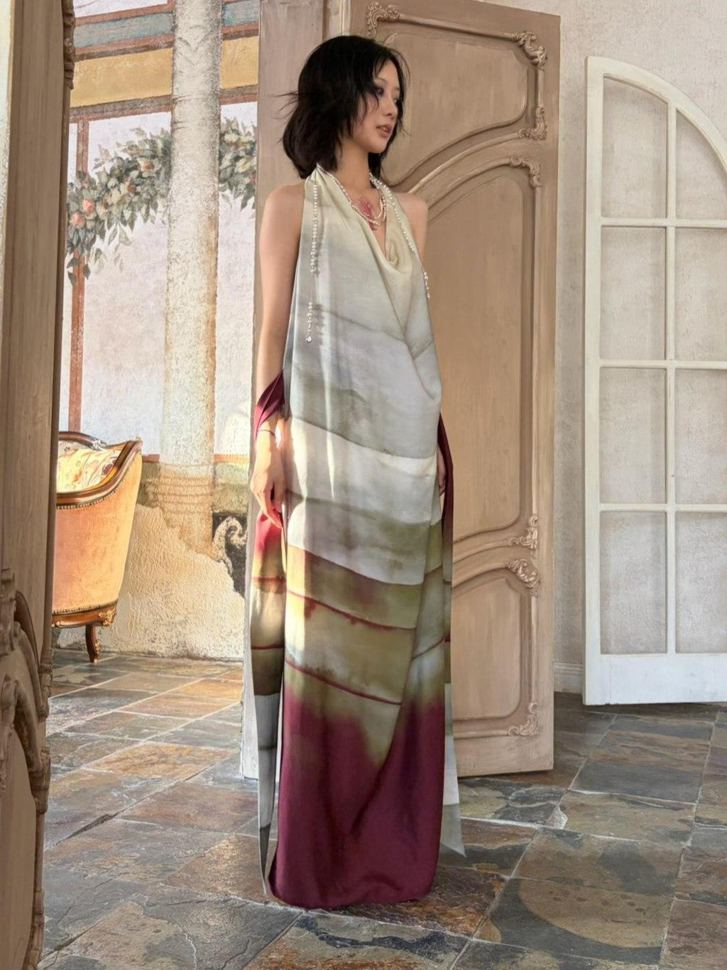 ANTIMOON Satin Gradient Print Halter Women's Viscose Boho Maxi Dresses