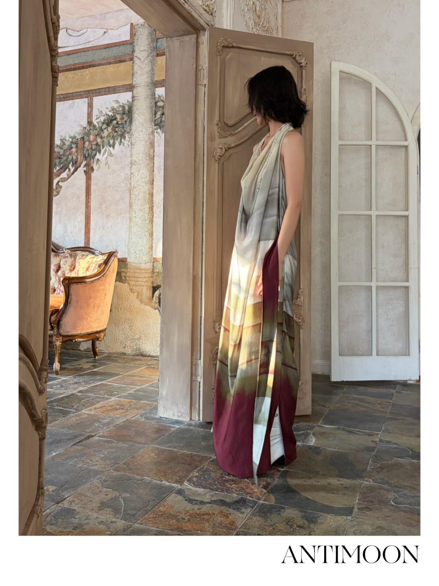ANTIMOON Satin Gradient Print Halter Women's Viscose Boho Maxi Dresses