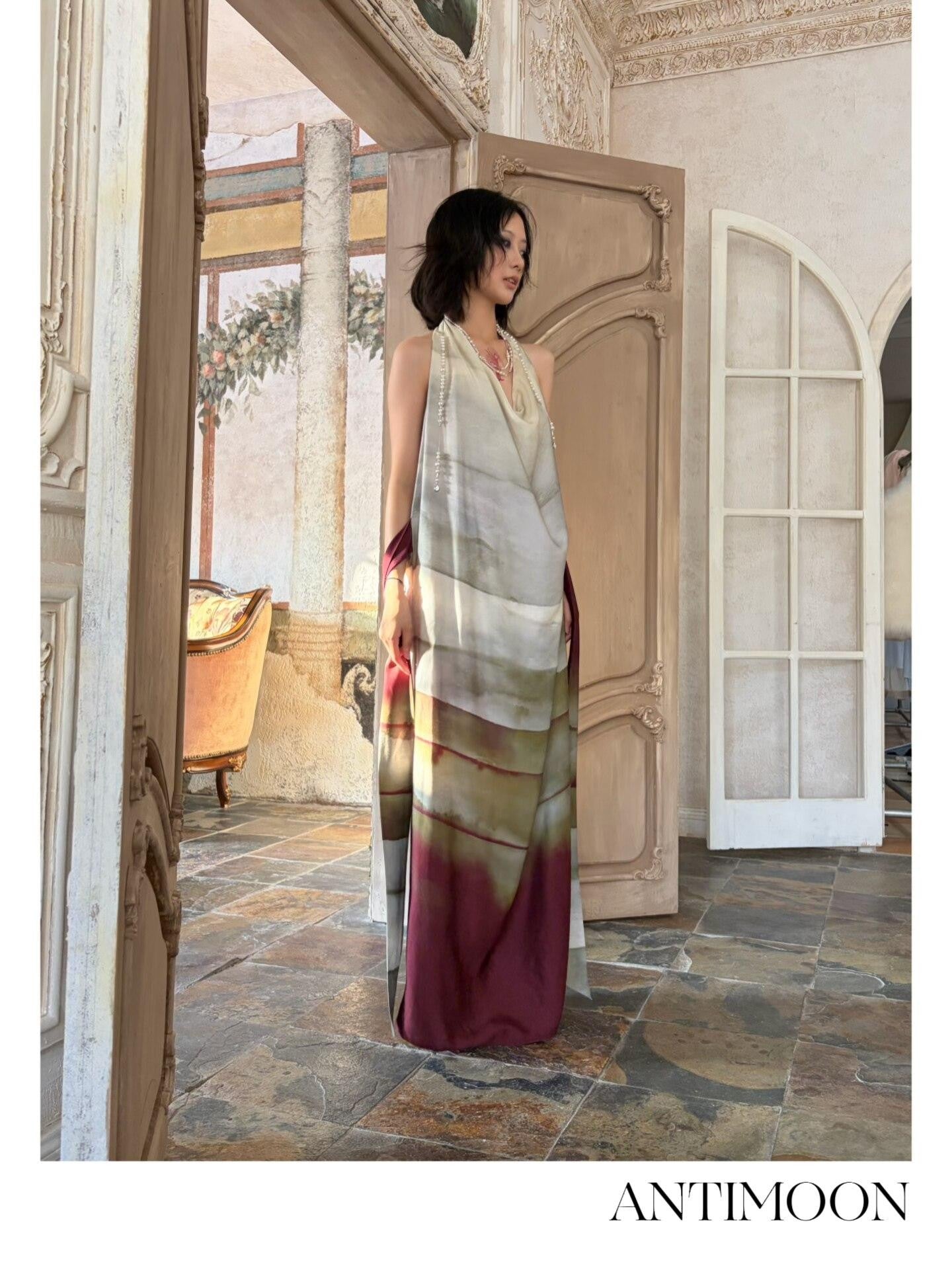 ANTIMOON Satin Gradient Print Halter Women's Viscose Boho Maxi Dresses