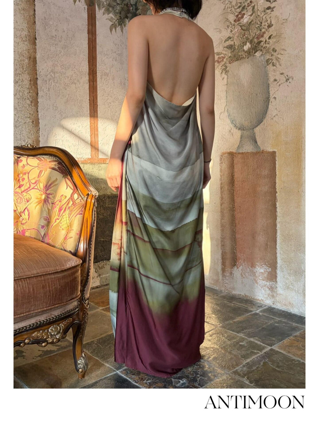 ANTIMOON Satin Gradient Print Halter Women's Viscose Boho Maxi Dresses