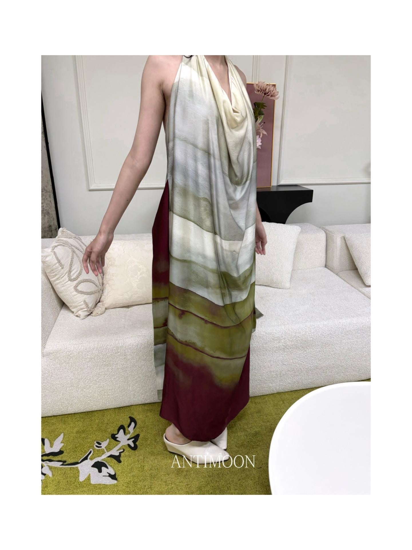 ANTIMOON Satin Gradient Print Halter Women's Viscose Boho Maxi Dresses