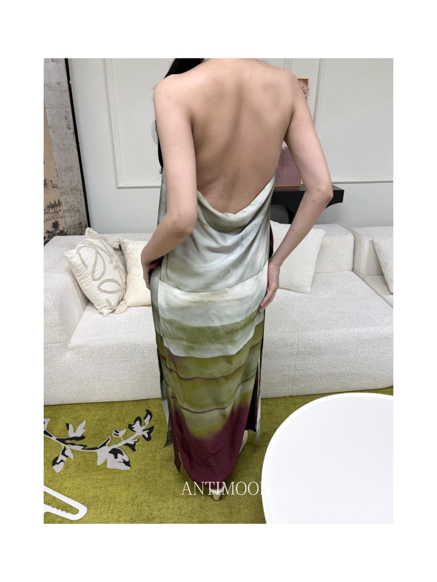 ANTIMOON Satin Gradient Print Halter Women's Viscose Boho Maxi Dresses