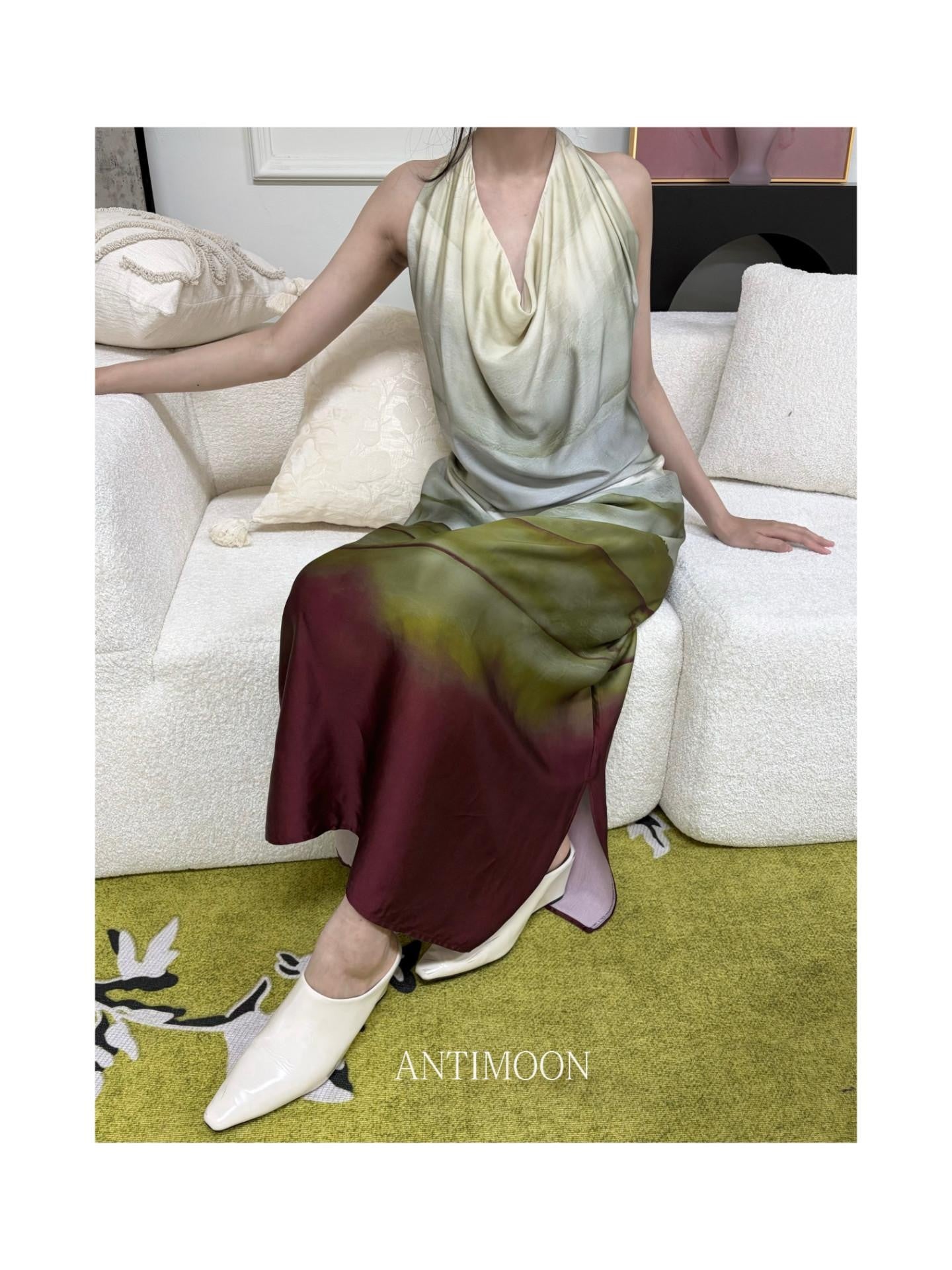 ANTIMOON Satin Gradient Print Halter Women's Viscose Boho Maxi Dresses