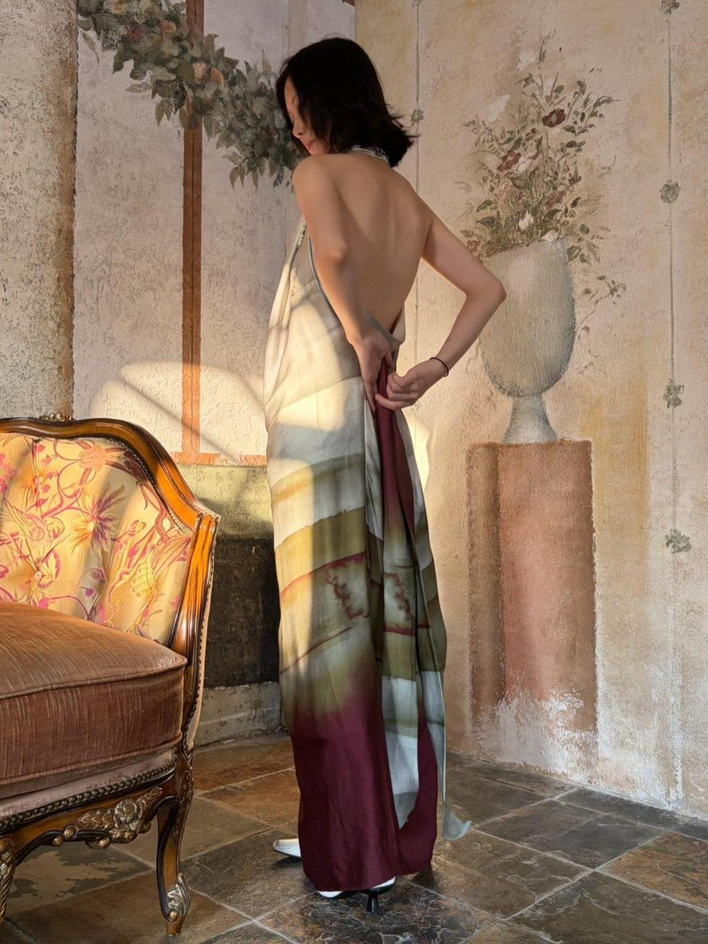 ANTIMOON Satin Gradient Print Halter Women's Viscose Boho Maxi Dresses