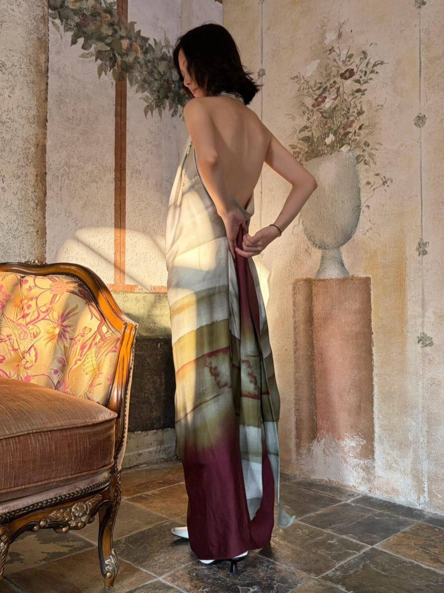 ANTIMOON Satin Gradient Print Halter Women's Viscose Boho Maxi Dresses