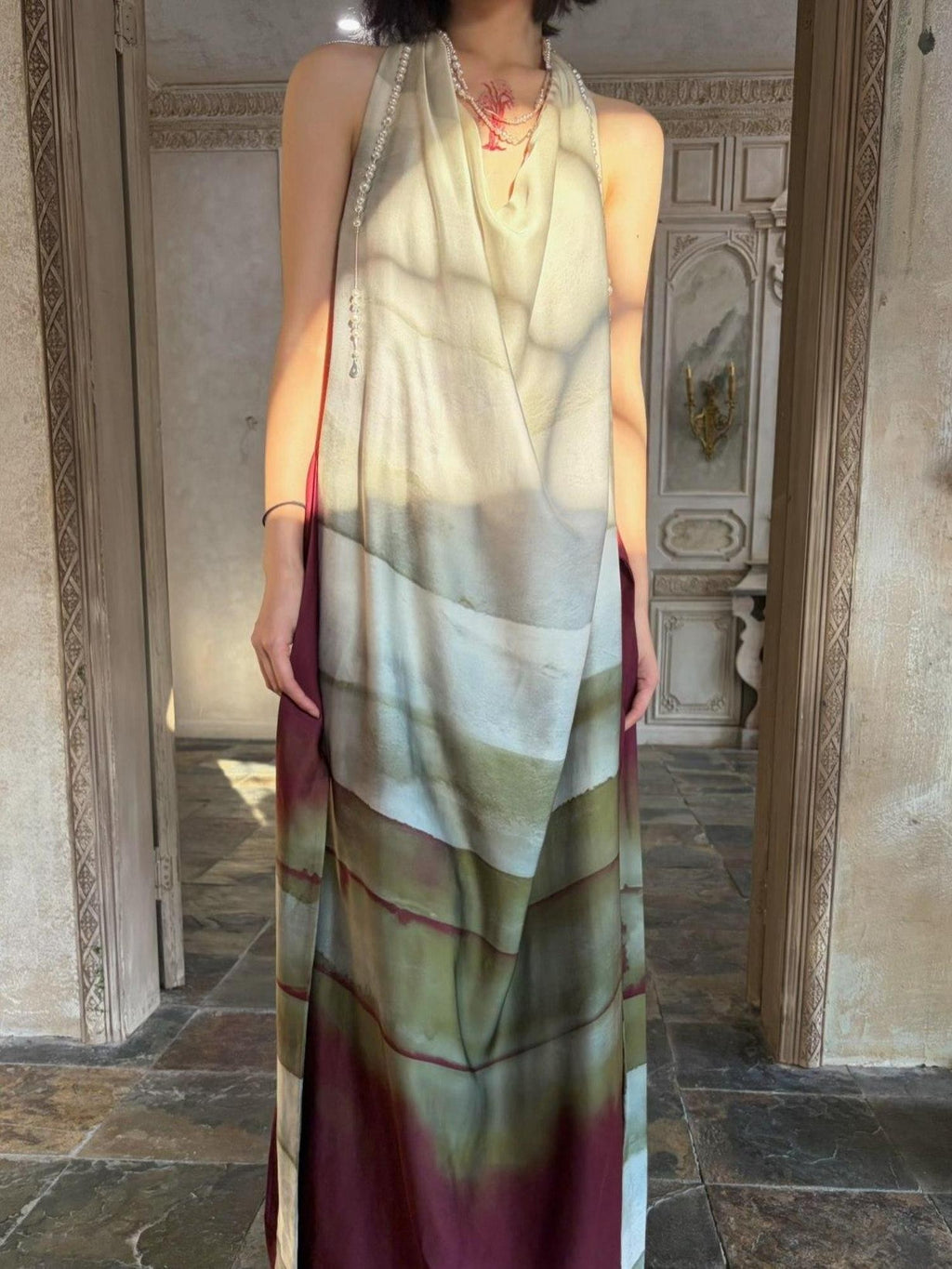 ANTIMOON Satin Gradient Print Halter Women's Viscose Boho Maxi Dresses