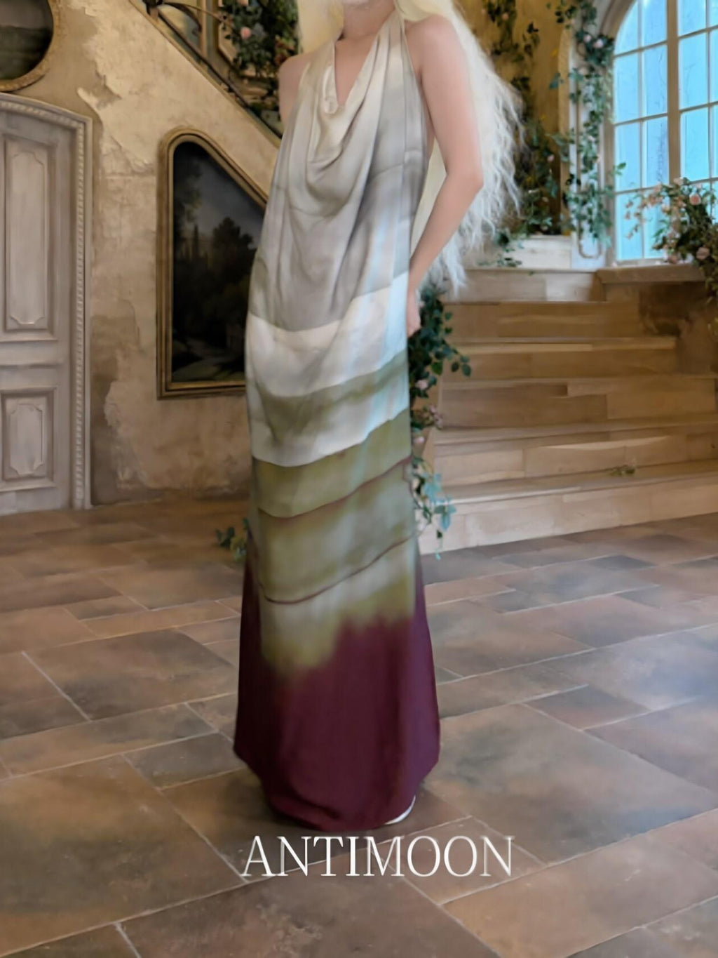 ANTIMOON Satin Gradient Print Halter Women's Viscose Boho Maxi Dresses