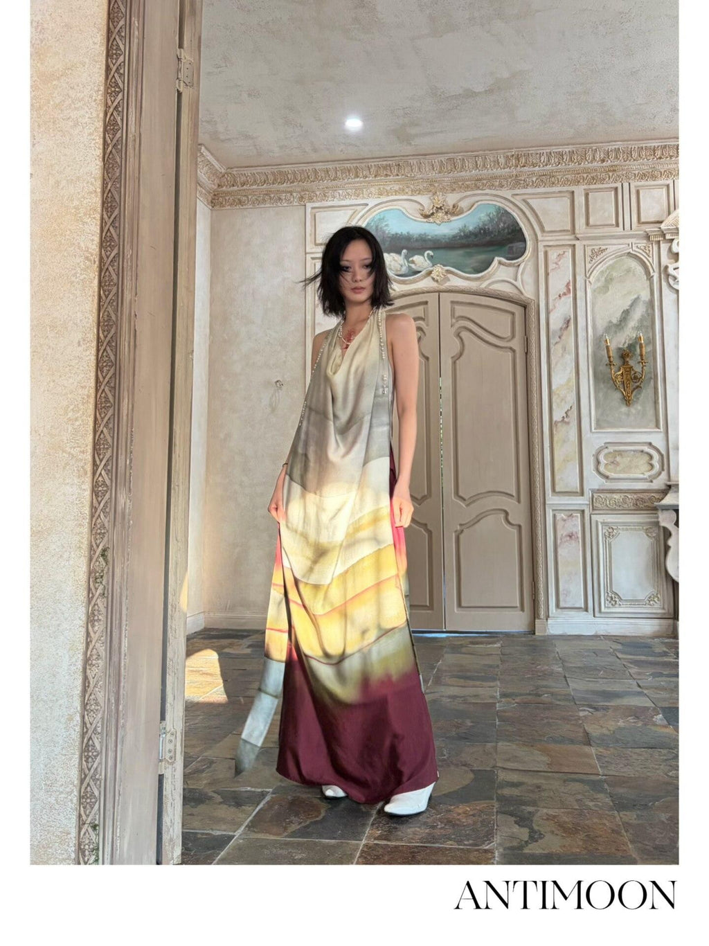 ANTIMOON Satin Gradient Print Halter Women's Viscose Boho Maxi Dresses