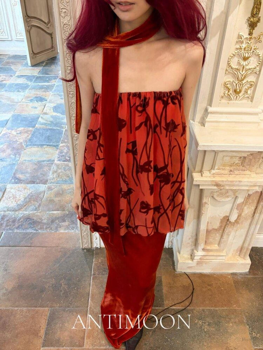 ANTIMOON Scarlet Vine Romantic Floral Burnout Vintage Women's Velvet Matching Skirt Sets