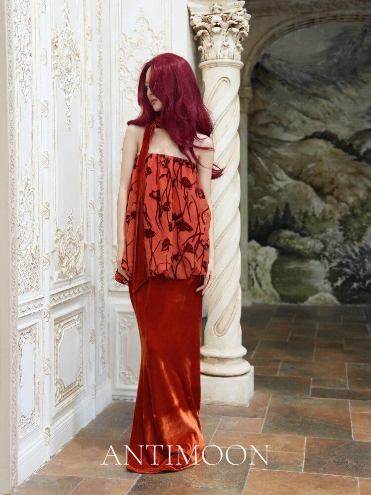 ANTIMOON Scarlet Vine Romantic Floral Burnout Vintage Women's Velvet Matching Skirt Sets