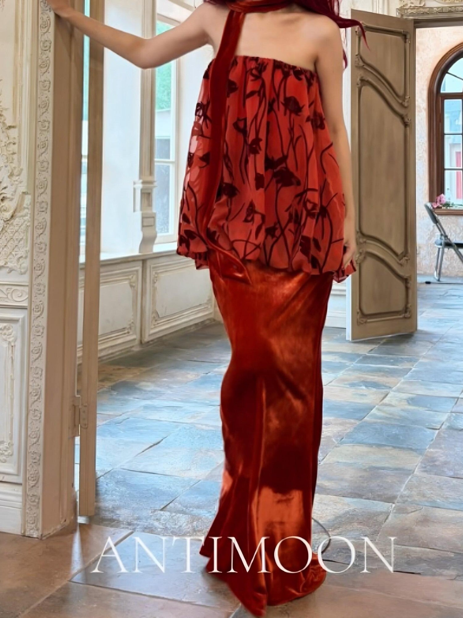 ANTIMOON Scarlet Vine Romantic Floral Burnout Vintage Women's Velvet Matching Skirt Sets