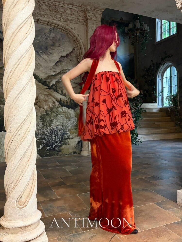 ANTIMOON Scarlet Vine Romantic Floral Burnout Vintage Women's Velvet Matching Skirt Sets